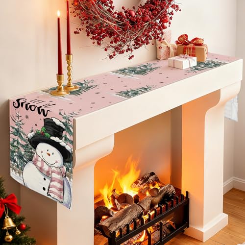 Pink Xmas Snowman Table Runner 13x120 Inch Holiday Home Decor