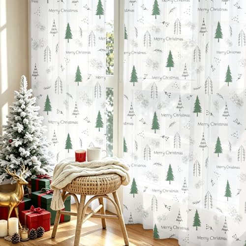 Youleyar Christmas Tree Print Sheer Curtains 72in L, Pack of 2, Green