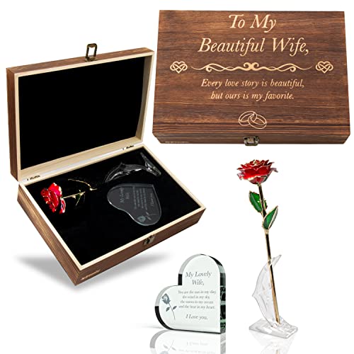 Wife Gift Valentine's Day Wooden Gift Set with Engraved Heart & Gold Dipped Rose - Wife Variation