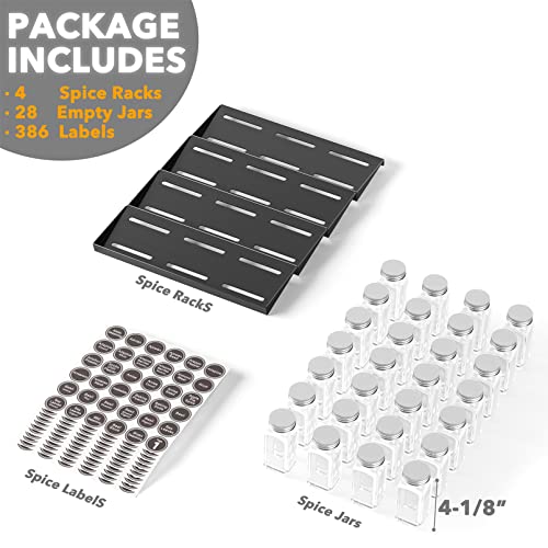 SpaceAid 28-Jar Spice Drawer Organizer Set with 386 Labels, 4-Tier Rack, 13" Wide