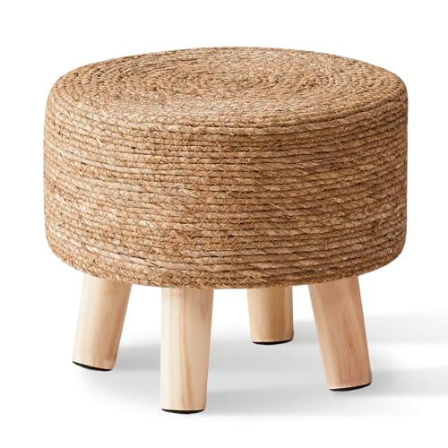 Natural Seagrass Foot Stool Pouf with Pine Legs - Handwoven Round Ottoman, Soft & Durable