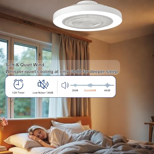 White 19-Inch Bladeless Ceiling Fan with Light and Remote Control - Flush Mount Low Profile LED Fan for Bedroom