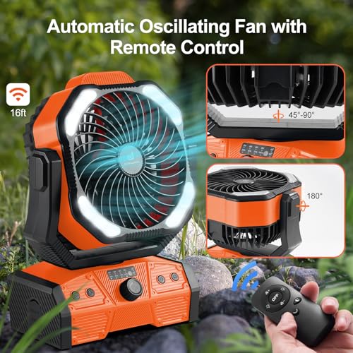40000mAh Portable Camping Fan with Lantern and Remote - Orange