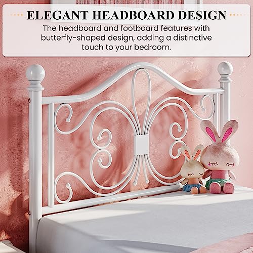 Twin Size Metal Bed Frame with Butterfly Headboard - White