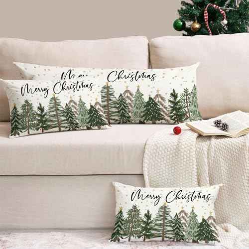 Baccessor Merry Christmas Pillow Cover 12x20 Inch, Xmas Trees Lumbar Pillow Case Christmas Winter Decoration for Cushion Sofa Couch Indoor Outdoor 1 Piece