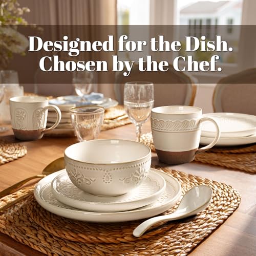 Artena 16-Piece Dinnerware Set with Embossed Patterns and Spoons - White, Multiple Patterns