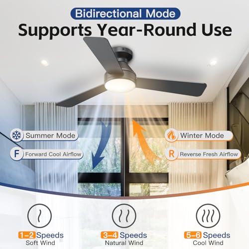42 Inch Ceiling Fan with Lights and Remote - Black, 3 CCT, 6 Speed, Flush Mount