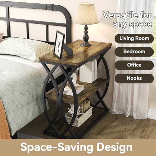 Narrow 3-Tier End Table with Rustic Brown Wood Top and Metal Frame for Small Spaces