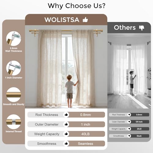 Warm Gold Double Curtain Rod Set - 36-153 Inch Heavy Duty Brass & Metal