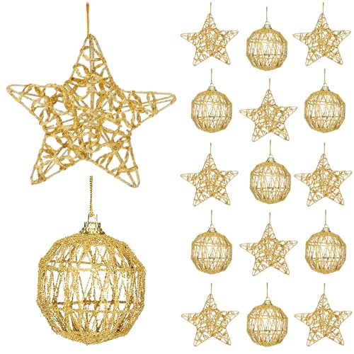KEYDUACU 2.36-inch Gold Christmas Ornaments & Star Set - 16 Pcs