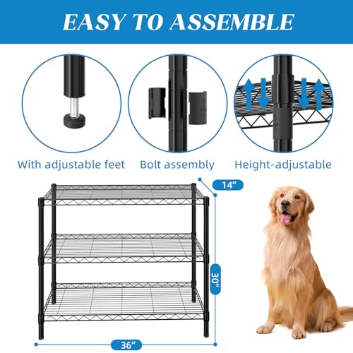Adjustable Metal Wire Shelving Unit - 3 Tier, Black, 36 x 14 x 30 Inches