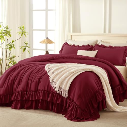 Burgundy Ruffle Comforter Set Queen Size - 3 Pieces