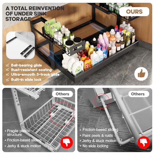 Biboraya Black Expandable Under Sink Organizer 19-32 Inches, 2-Tier Pull Out Cabinet Storage