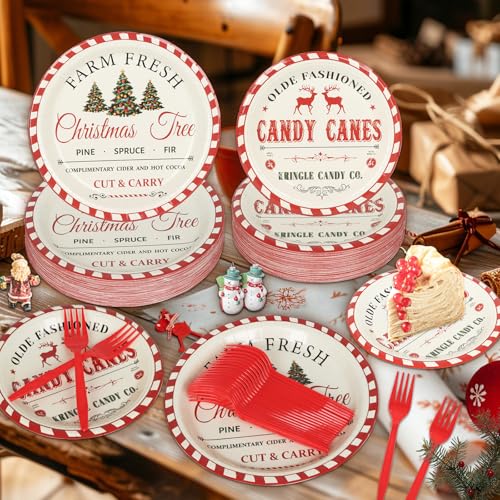 GOLDGAO 200Pcs Christmas Paper Plates & Napkins Old Fashion Farmhouse Tableware Set 9x7in