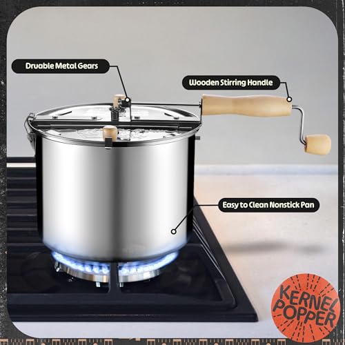 Stovetop Popcorn Maker 6.5 Quart Stainless Steel Silver with Stirring Handle
