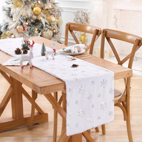 QueenDream Silver Snowflakes Faux Fur Table Runner 13x90 Inch for Christmas Decor