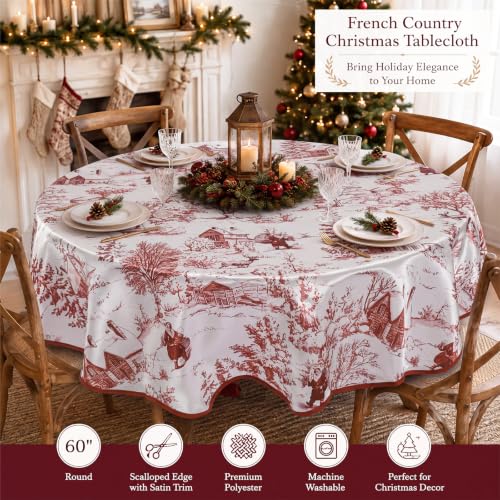 Tegeme 60'' Christmas Toile De Jouy Round Tablecloth Burgundy with Scalloped Edge - 60x60 Inch