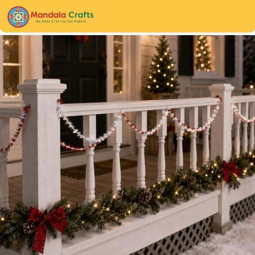 Christmas Tinsel Garland - Festive Red & Green Metallic Decor, 30ft, Indoor & Outdoor Use