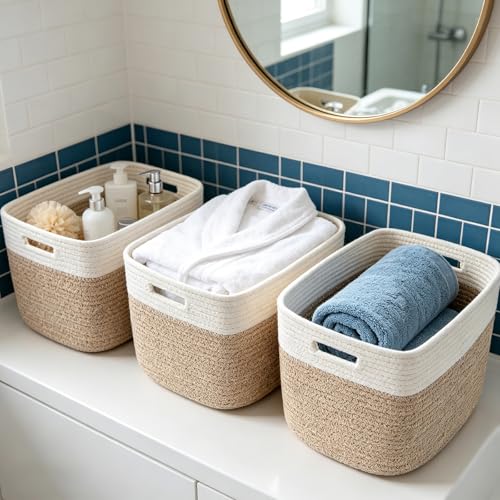 3 Pack White and Brown Woven Storage Baskets with Handles - Home Organization