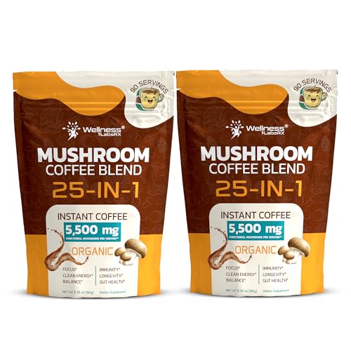 Organic Mushroom Coffee Instant 25-in-1 Lions Mane & Reishi Powder - 6.35 oz Pack of 2