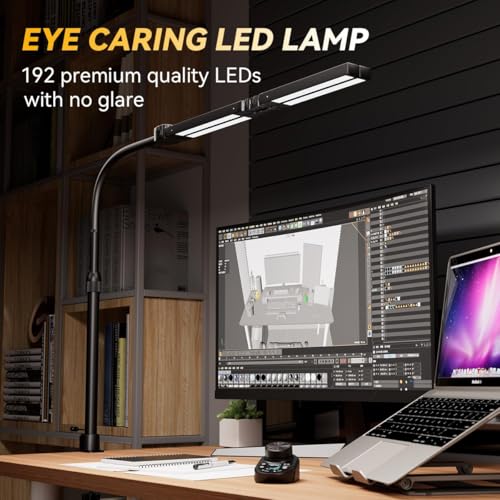 Black Adjustable LED Desk Lamp with Clamp & Remote, 4-Head Wide Light