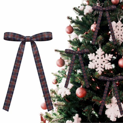 Norme Navy Blue Plaid Christmas Ornaments Bow Set - 24 Pcs Tartan Ribbon Decor