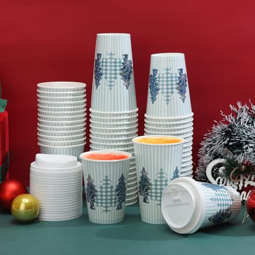 Tamone 100 Pack 16OZ Christmas Disposable Coffee Cups with Blue Tree Lids