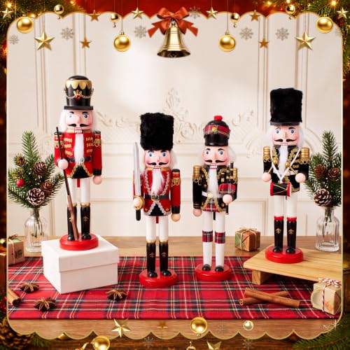 Huwena 4 Pack 12-Inch Red & Black Nutcracker Figurines - Christmas Decor