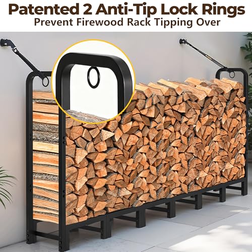 8ft Firewood Log Rack Outdoor Heavy Duty Steel Firewood Holder with Lock Rings