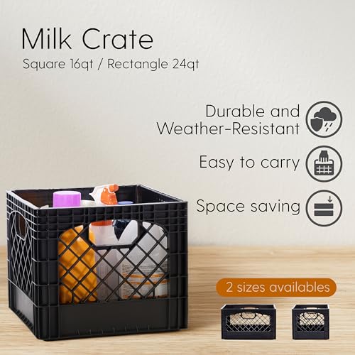 Black Plastic 24-Quart Rectangular Milk Crates 3-Pack with Handles - Heavy Duty Storage Bins