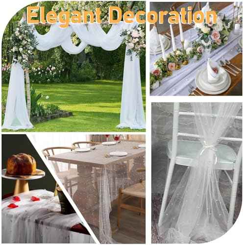 10FT White Pearl Table Runner, Dessert Fabric Tulle Table Runner Cloth for Wedding Birthday Bridal Shower Wedding Arch Veil Decorations