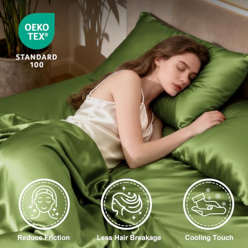 Love's cabin Satin Queen Bed Sheet Set - 4 Piece, Sage, Silky Soft,