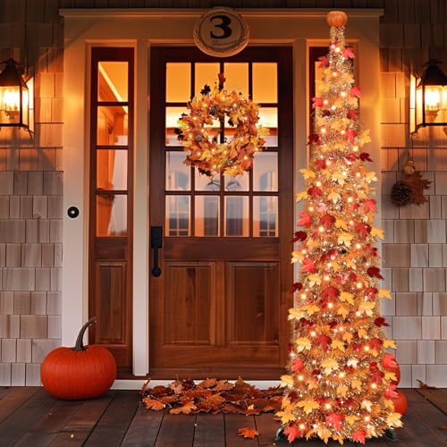 6FT Fall Tinsel Maples Tree with Lights - Battery Operated Fall Decor