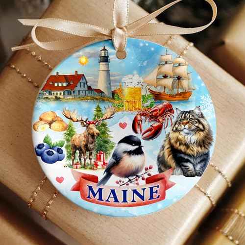 Maine State Christmas Ornament 2025 ? Portland Head Lighthouse, Moose, Lobster, Blueberries, Chickadee & Sailing Ship ? New England Souvenir Gift & Coastal Holiday