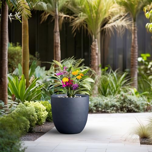 Large Charcoal Concrete Planter Bowl - 18 Inch Outdoor Garden Pot with Drainage, Variation of Charcoal / 18"d