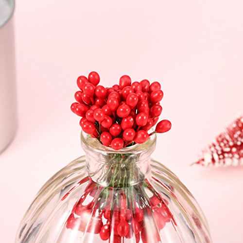 BBTO 300 Pcs Artificial Holly Christmas Fake Berries on 150 Wire Stems Berries Branches Stems Decor for Christmas Tree Decoration Wreath DIY Crafts Use Wedding Home Xmas Party Favor(Red)
