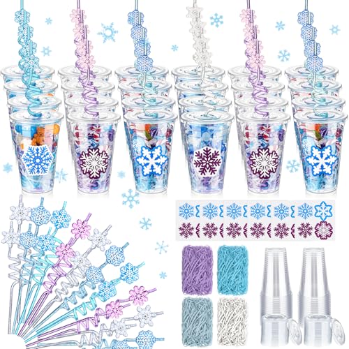 Vesici 124-Piece Snowflake Party Cups Kit with Lids, Straws, Stickers & Raffia – Blue/White Snowflake Theme, 24 Sets