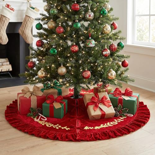 60 Inch Red Velvet Christmas Tree Skirt with Gold Embroidery Trim - Sotiff