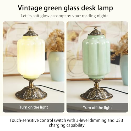 YESIDS Green Vintage Milk Glass 3-Way Dimmable USB-C Bedside Table Lamp