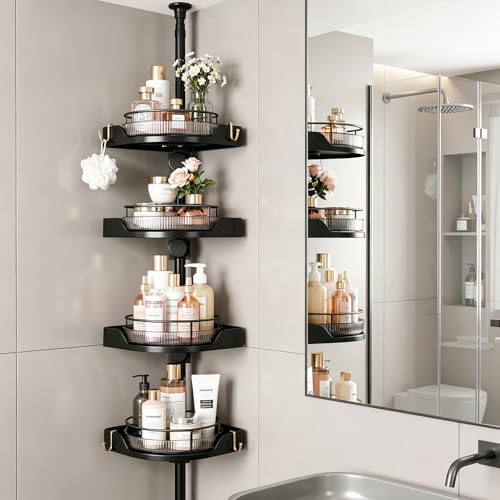 Black 4-Tier Rotating Tension Pole Shower Organizer - Adjustable Bathroom & Kitchen Caddy