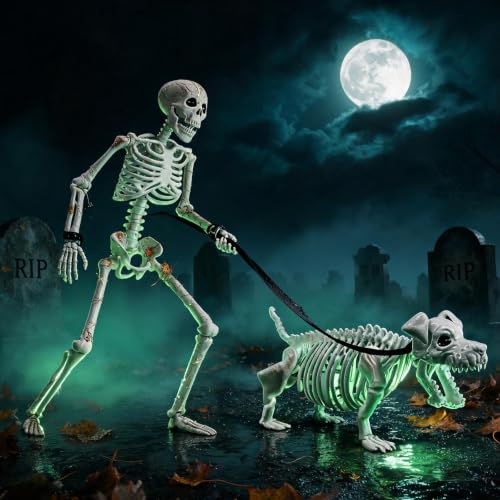 3 FT Human & Dog Skeleton Halloween Decorations Outdoor Indoor Set - Spooky Yard Props