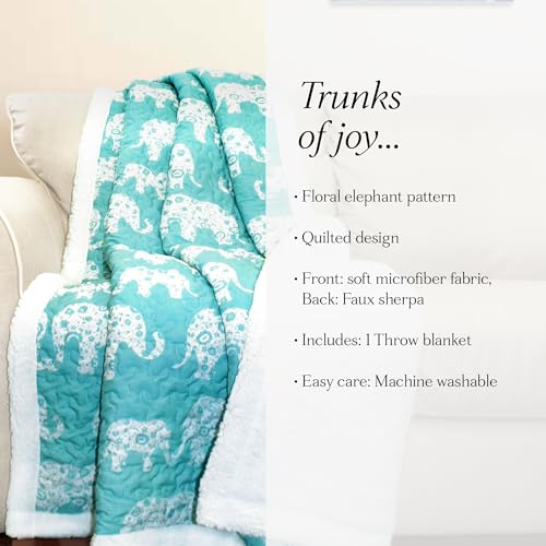 Lush Decor Elephant Parade Sherpa Throw Blanket 50" W x 60" L, Aqua - Elephant Blanket for Kids - Plush Throw Blankets for Bed - Blue Couch Blankets