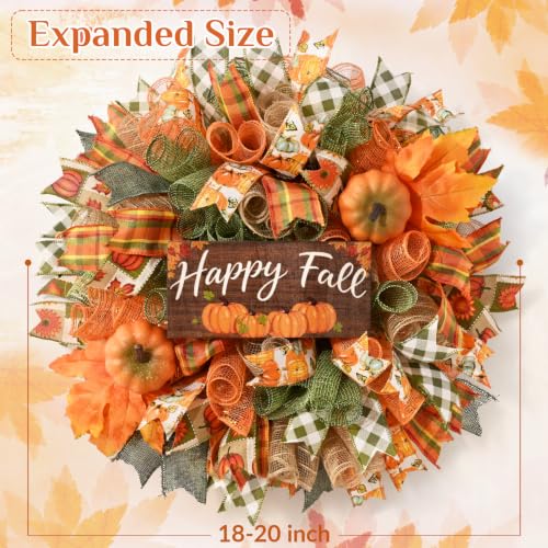 Autumn Fall Wreath for Front Door 20-Inch Mesh Bow with Wood Sign - Orange Green Variation