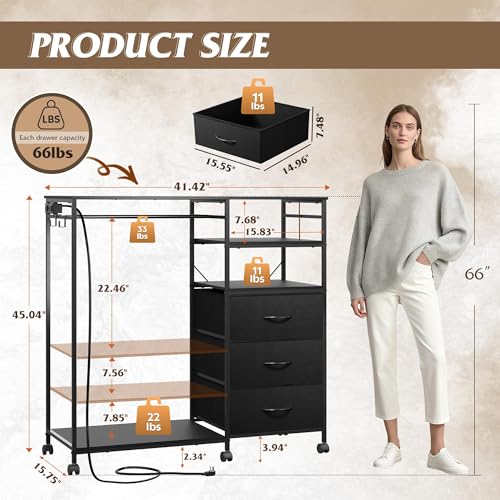 WLIVE Black LED Dresser with 3 Drawers & Hanging Rack, Bedroom Storage