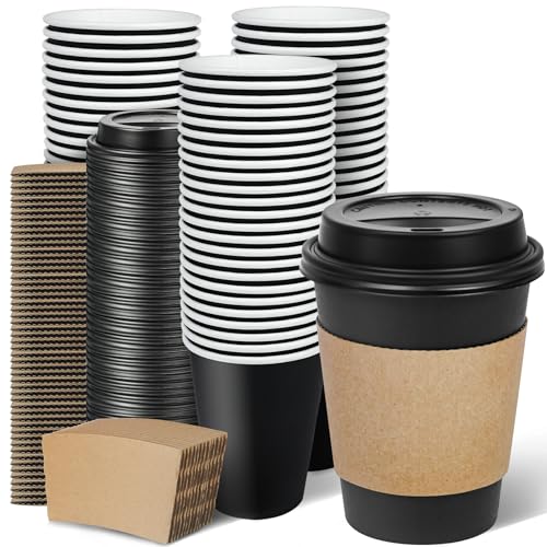 Ginkgo 12 oz Disposable Coffee Cups with Lids & Sleeves - Pack of 100