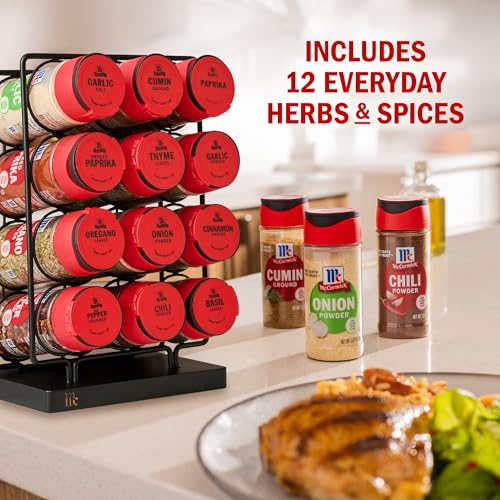 12-Piece Spice Rack Set with Herbs & Spices - Black Metal Kitchen Organizer