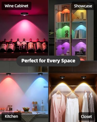 Rechargeable RGB LED Puck Lights with Remote Control, Dimmer & Timer - Black, 12 Pack, Color Temp Options
