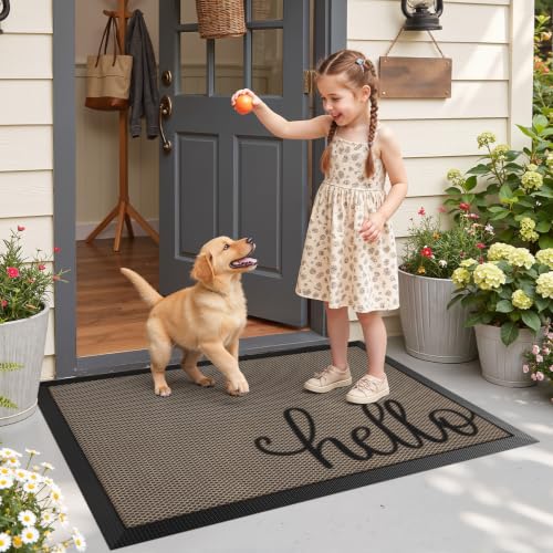 LUMI Outside Welcome Door Mat 32x47 - Non-Slip Durable Rubber, Easy Clean, Hello Variation