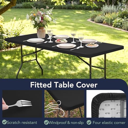 6ft Fitted Tablecloth Rectangle 6-Pack with Elastic Corners - Black, 30x72 Inch