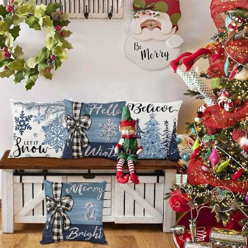 4PCS Christmas Throw Pillow Covers 18x18 Inch, Blue Snowflake Winter Holiday Wishes Pillow Cases Christmas Trees Seasonal Cushion Covers for Home Sofa Couch Outdoor Decoration